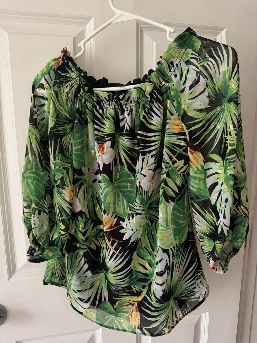 White House Black Market Tropical Off-Shoulder Blouse in Green and Black